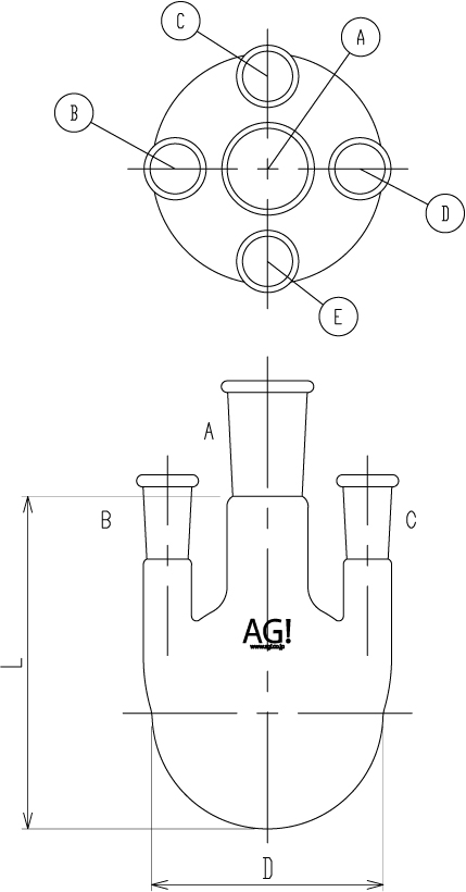 五ツ口フラスコ 側管垂直タイプのメイン画像