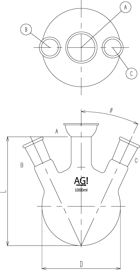 三ツ口蒸留フラスコ | 蒸留フラスコ | 蒸留系ガラス製品 | 理化学用