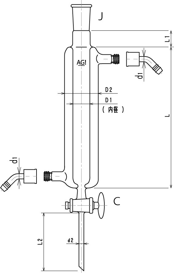 ジョイント付二重管式クロマトカラム コック付 クロマトカラム ガラス実験器具 理化学用ガラス機器の制作 販売 旭製作所